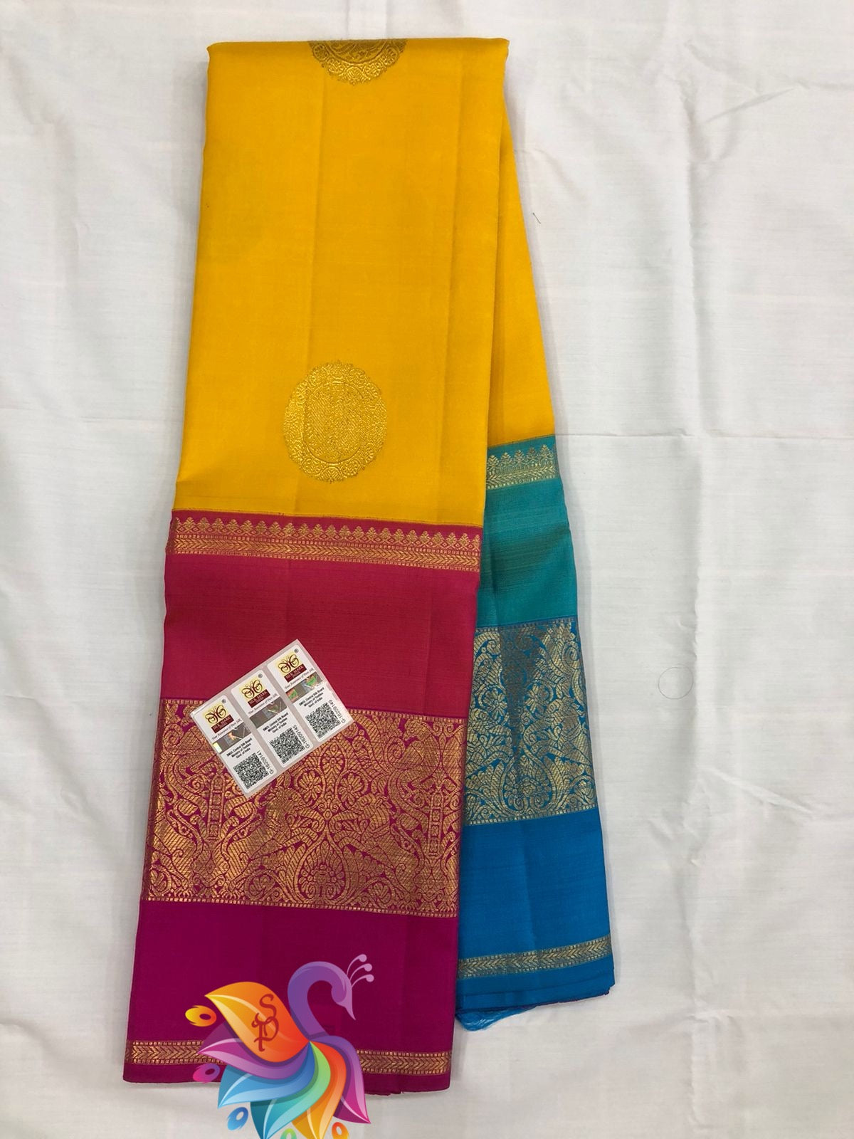 Kanchipuram Pure Silk Saree Yellow Pink Blue Kanjivaram Sari| SPK201