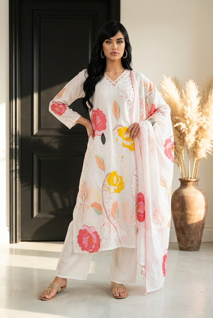White Indian 3 piece Outfit hand worked Salwar Kameez Kurti Set Suit Z10