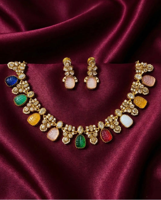 Indian Brass Necklace & Earrings Jewellery Set Multi N62