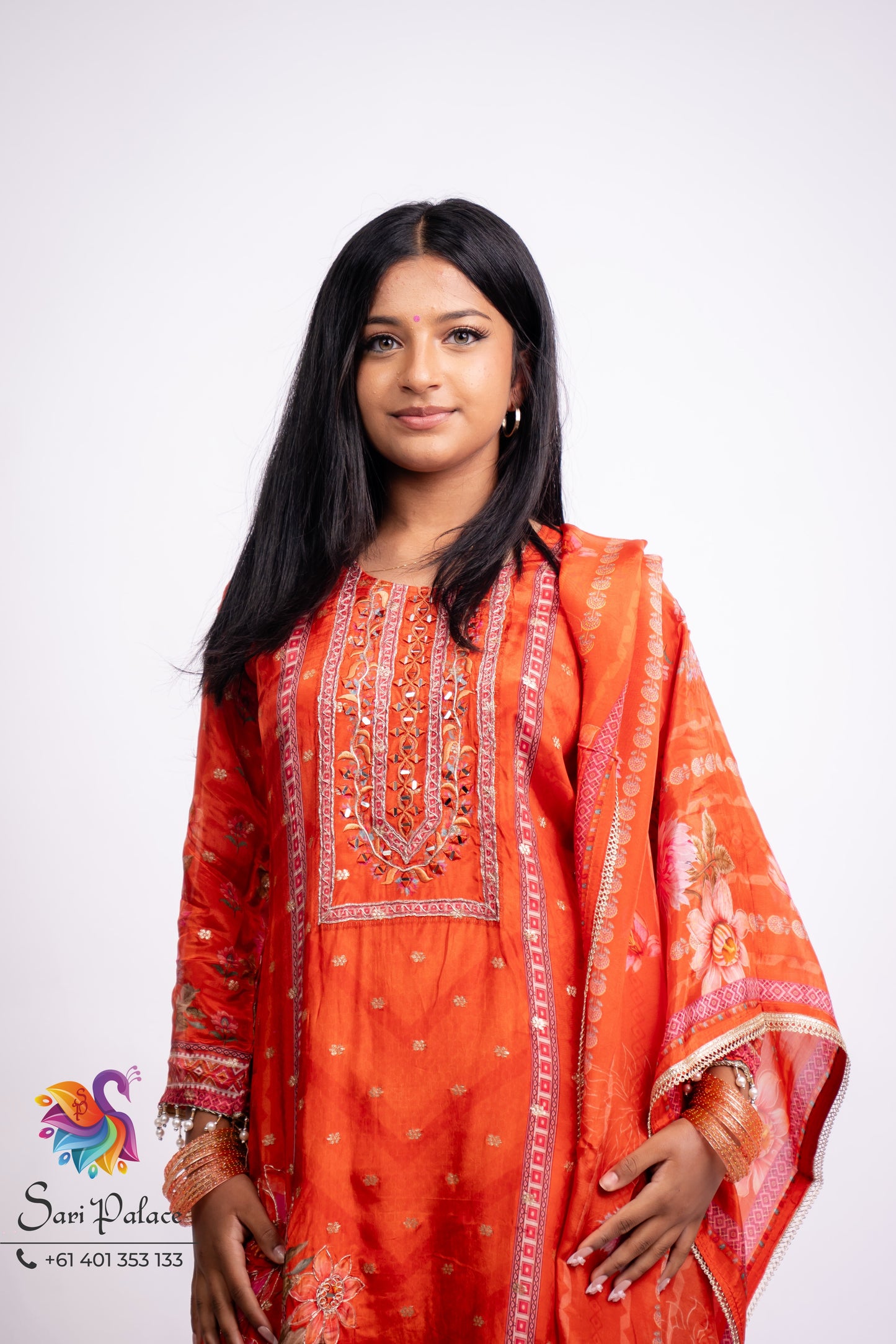 Orange Floral Indian Pakistani Outfit Salwar Kameez Kurti Suit EID SS41