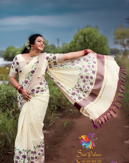 Purple Lotus Kerala Vishu Sari Indian Onam Tissue hand Painted Saree C10