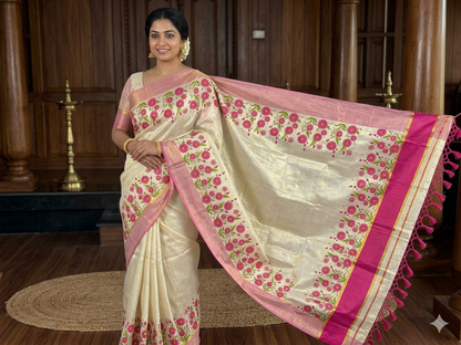 Pink Kerala Vishu Sari Indian Cream Tissue hand Printed Onam Saree C16
