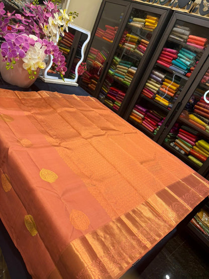 Kanchipuram Pure Silk Sari Peach Colour | SPK002