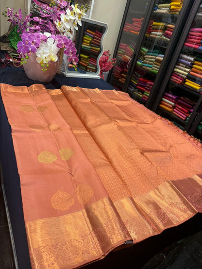 Kanchipuram Pure Silk Sari Peach Colour | SPK002