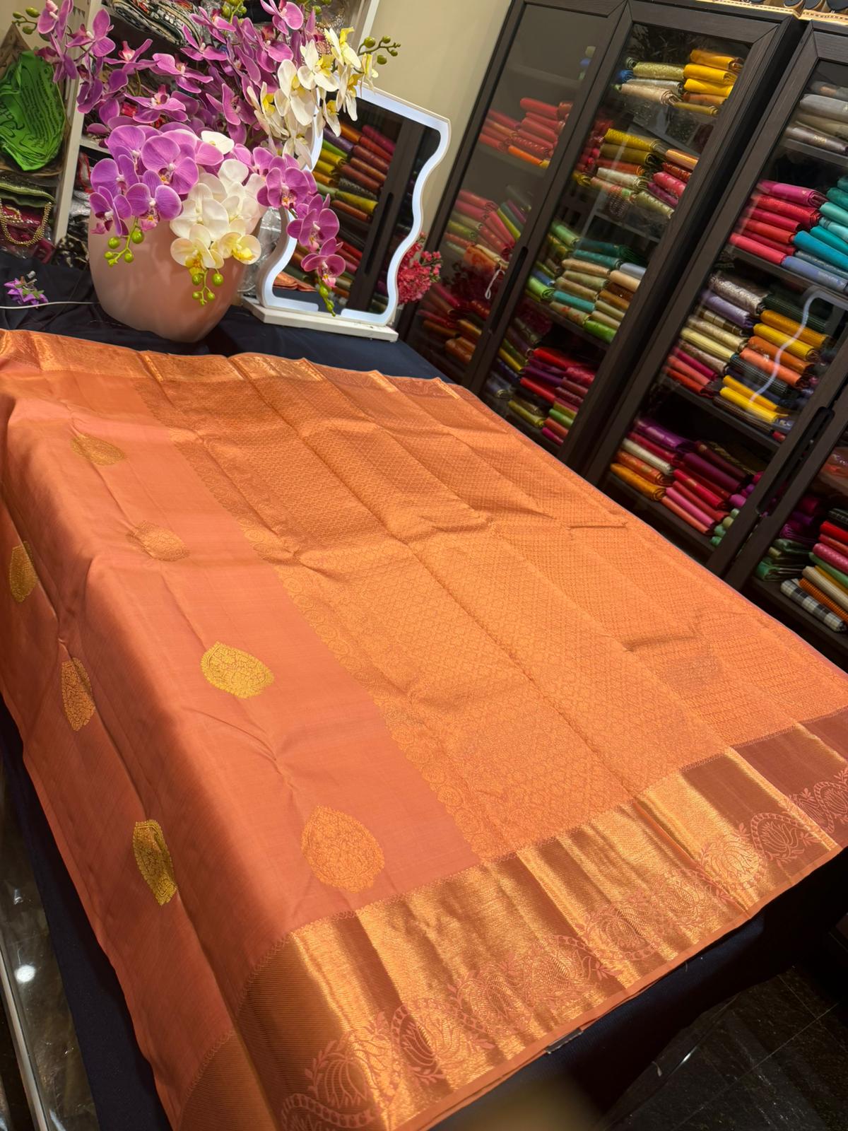 Kanchipuram Pure Silk Sari Peach Colour | SPK002