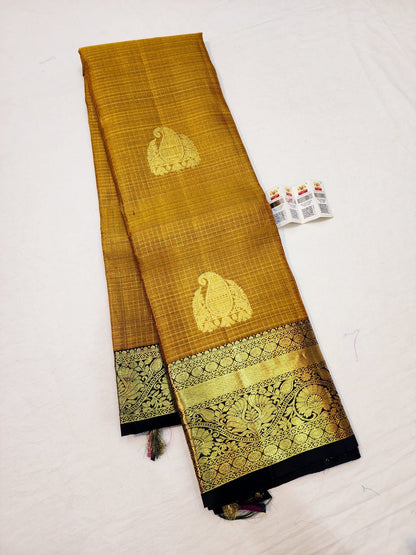 Mustard Checkered Sari Greenish Border & Pallu | SPK006