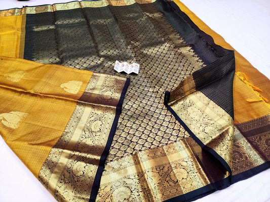 Mustard Checkered Sari Greenish Border & Pallu | SPK006
