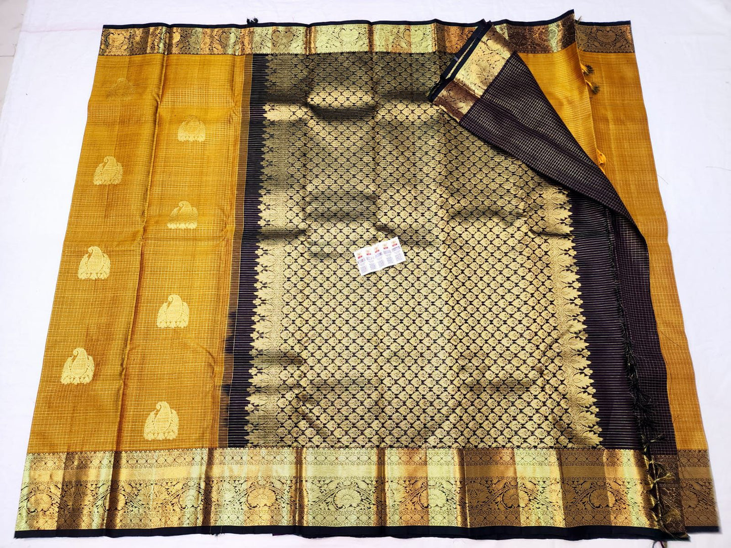 Mustard Checkered Sari Greenish Border & Pallu | SPK006