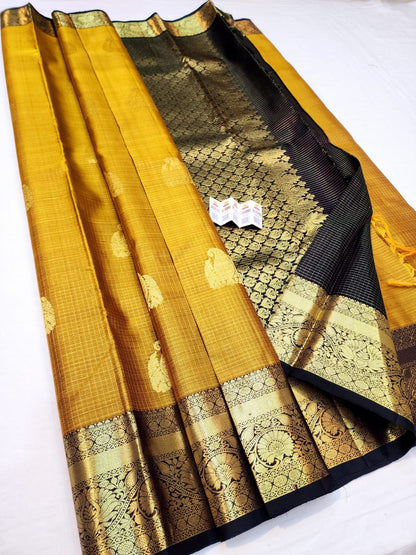 Mustard Checkered Sari Greenish Border & Pallu | SPK006