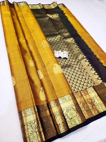 Mustard Checkered Sari Greenish Border & Pallu | SPK006