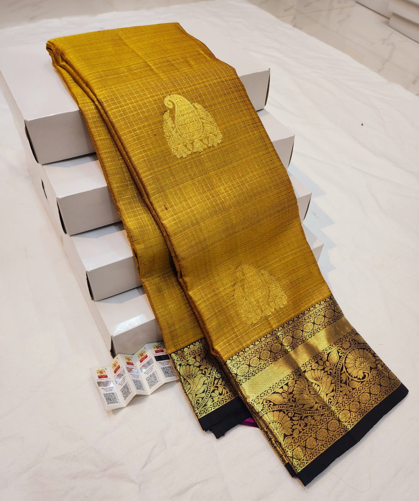 Mustard Checkered Sari Greenish Border & Pallu | SPK006