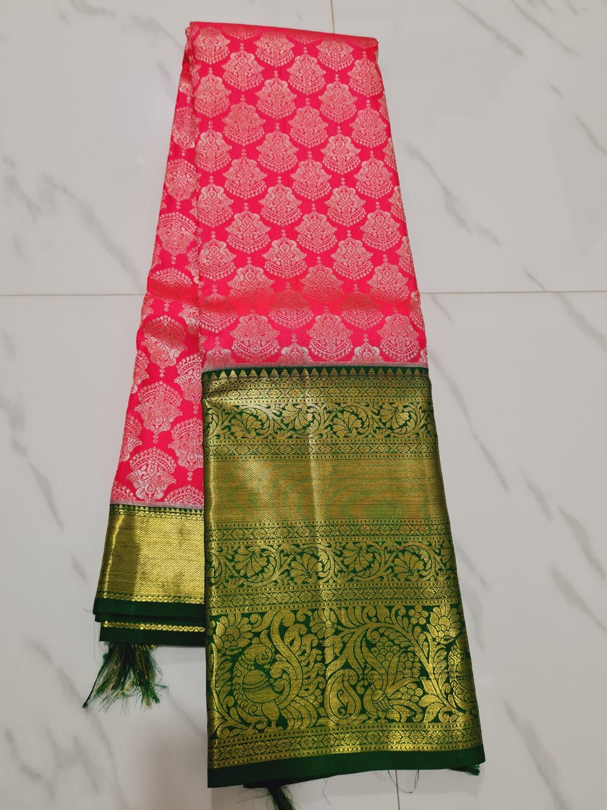 Pink with Green Sari Gold Jari | SPK011