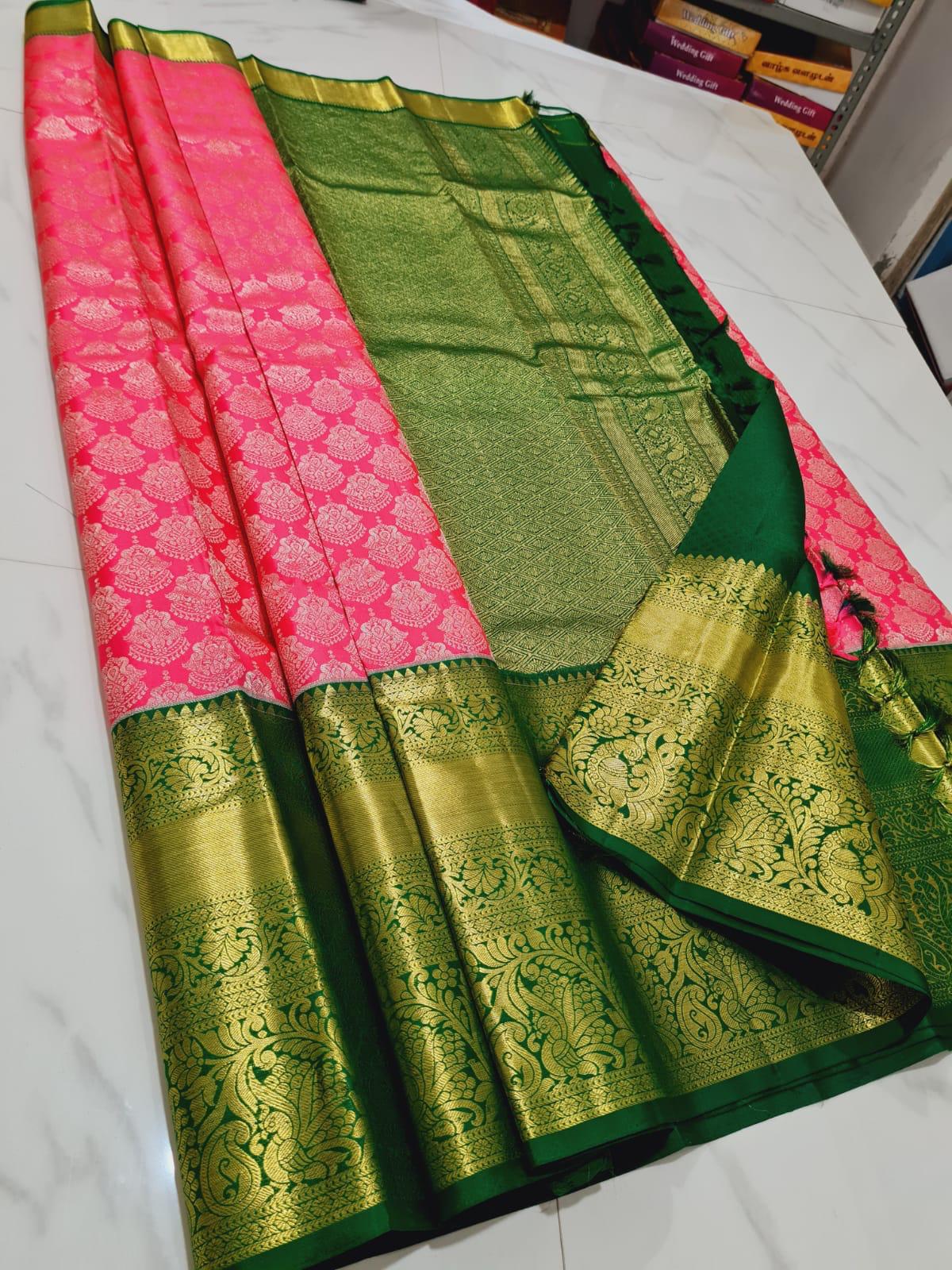 Pink with Green Sari Gold Jari | SPK011