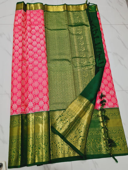 Pink with Green Sari Gold Jari | SPK011