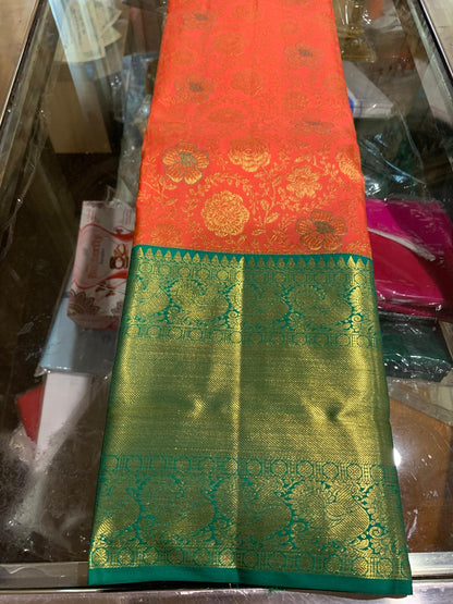 Bridal Peachy Orange Saree with Green & Gold Zari | SPK009