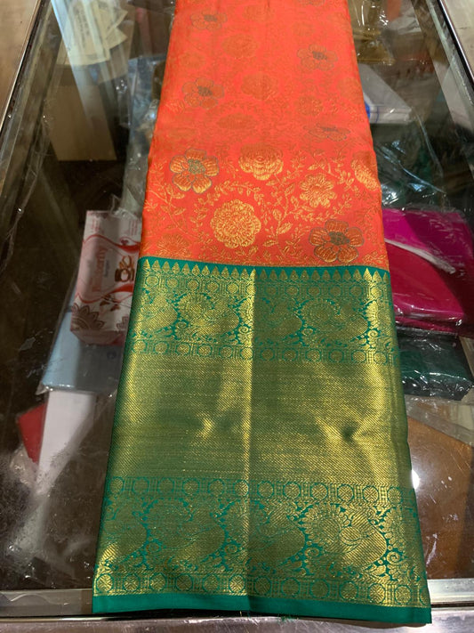 Bridal Peachy Orange Saree with Green & Gold Zari | SPK009