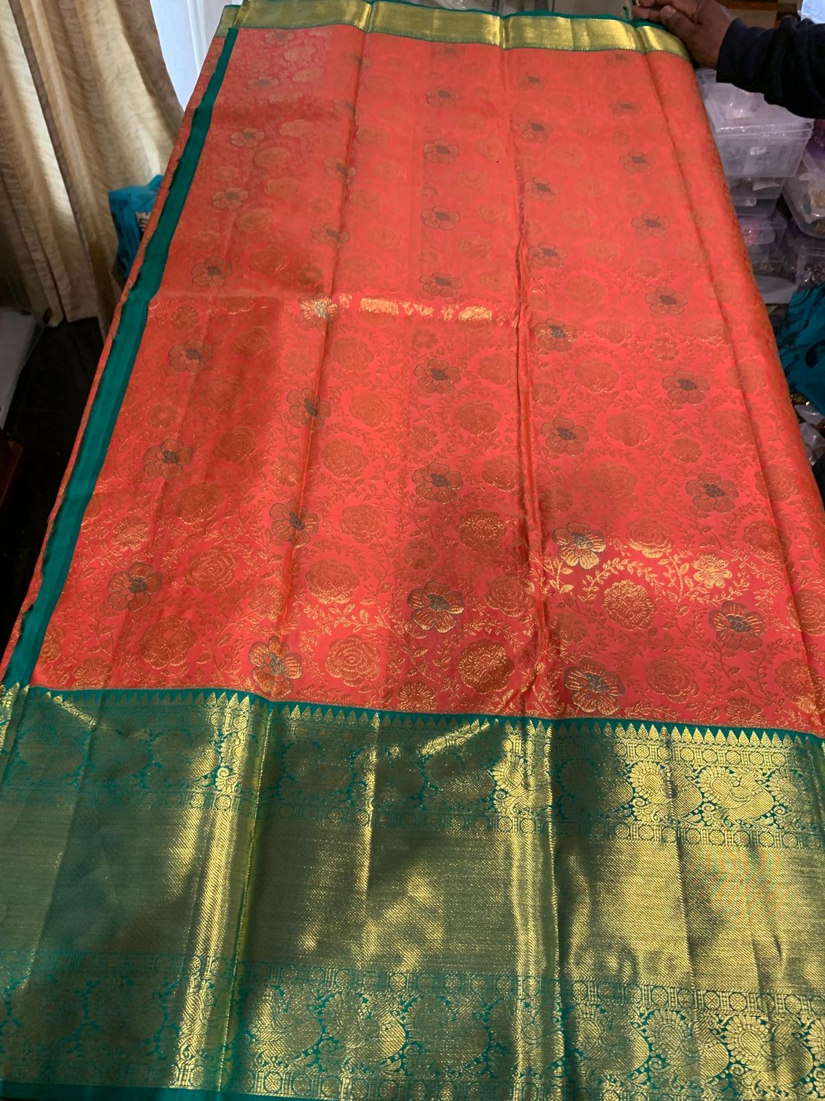 Bridal Peachy Orange Saree with Green & Gold Zari | SPK009