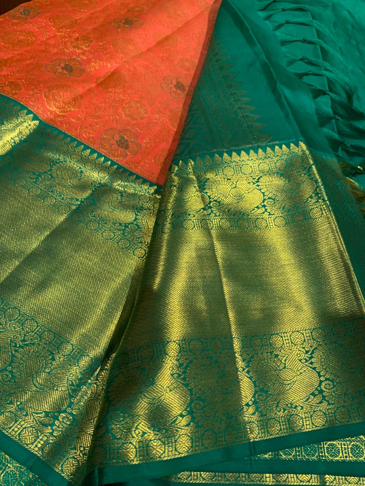 Bridal Peachy Orange Saree with Green & Gold Zari | SPK009