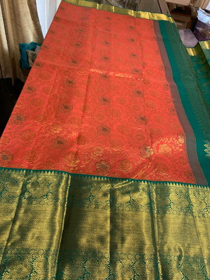 Bridal Peachy Orange Saree with Green & Gold Zari | SPK009