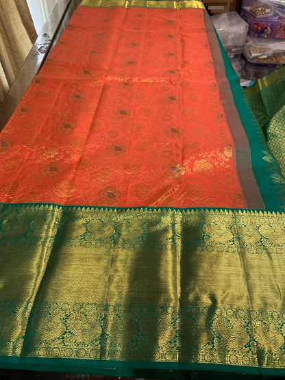 Bridal Peachy Orange Saree with Green & Gold Zari | SPK009