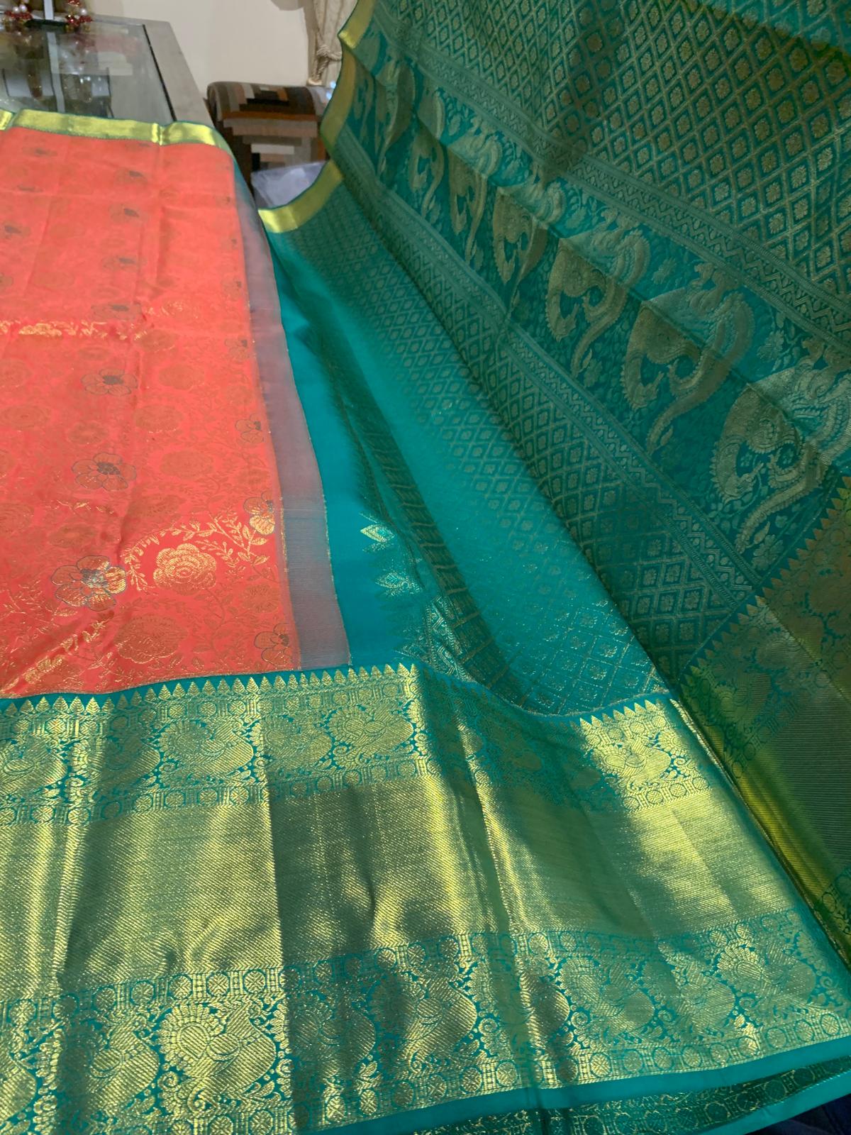 Bridal Peachy Orange Saree with Green & Gold Zari | SPK009