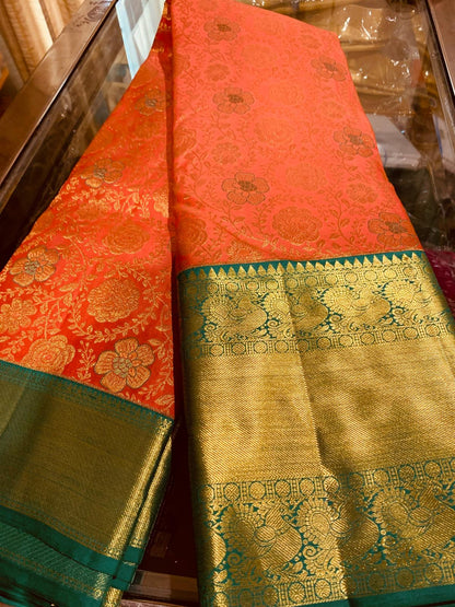 Bridal Peachy Orange Saree with Green & Gold Zari | SPK009