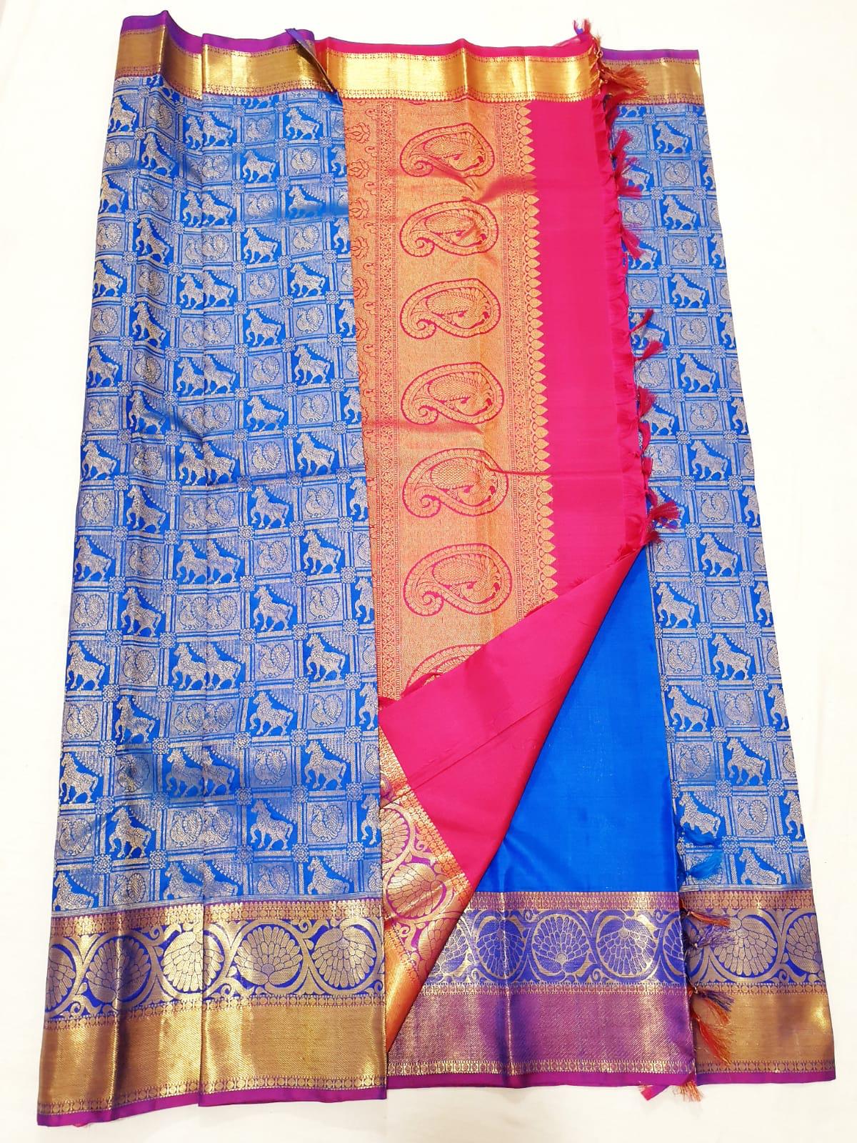Blue with Magenta Border Gold Jari Sari & Hot Pink Blouse | SPK014