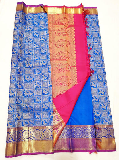 Blue with Magenta Border Gold Jari Sari & Hot Pink Blouse | SPK014