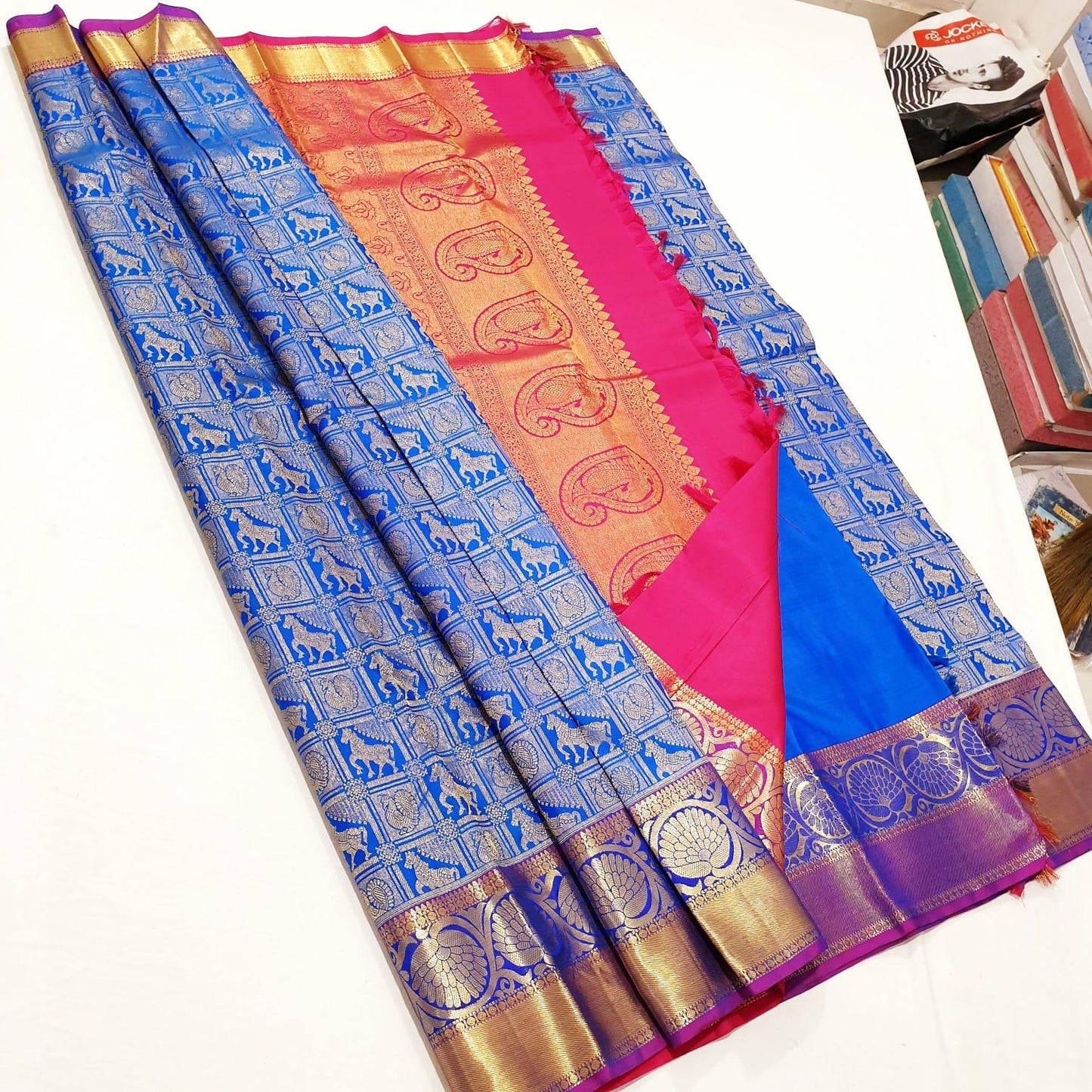 Blue with Magenta Border Gold Jari Sari & Hot Pink Blouse | SPK014