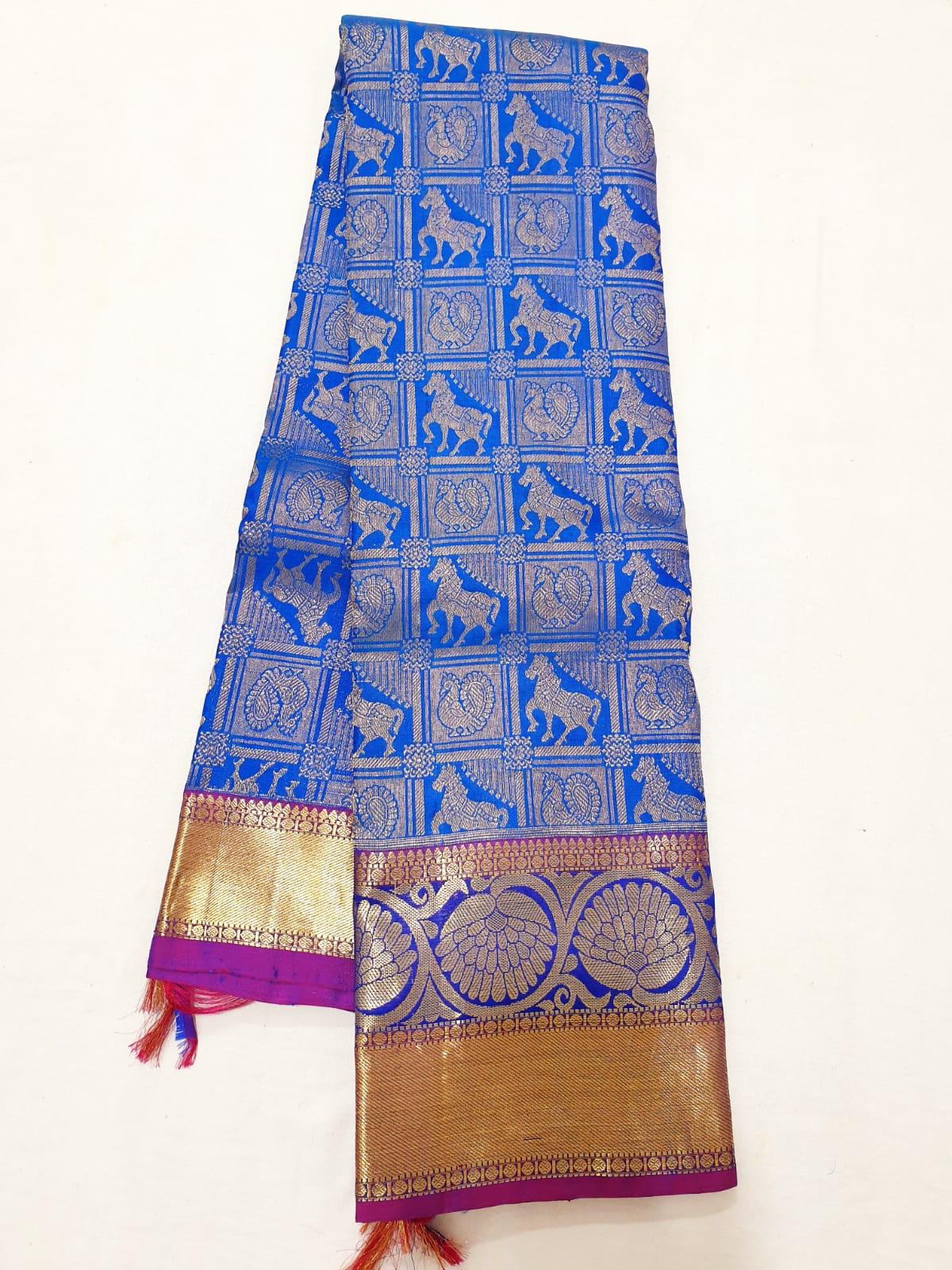 Blue with Magenta Border Gold Jari Sari & Hot Pink Blouse | SPK014