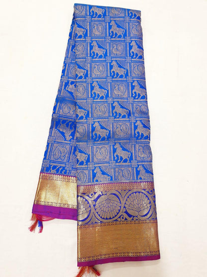 Blue with Magenta Border Gold Jari Sari & Hot Pink Blouse | SPK014