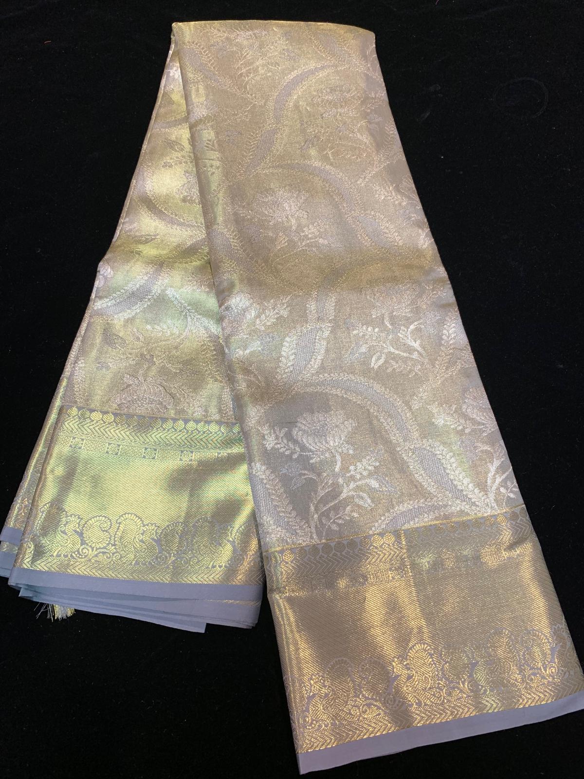 Light Grey Bridal Tissue Kanchipuram Saree | SPK015