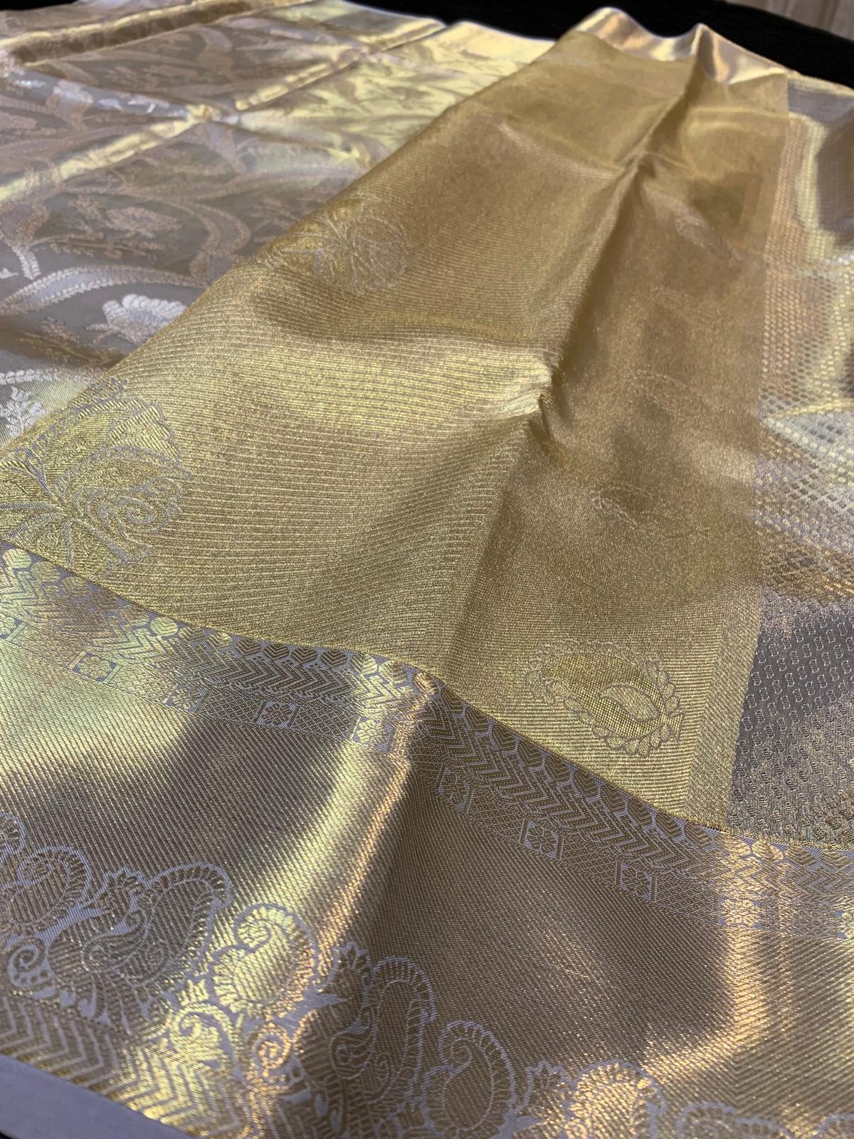 Light Grey Bridal Tissue Kanchipuram Saree | SPK015
