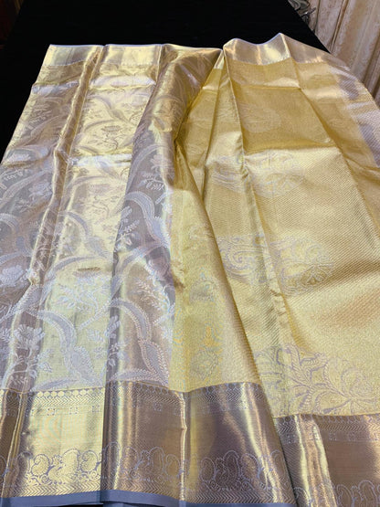 Light Grey Bridal Tissue Kanchipuram Saree | SPK015