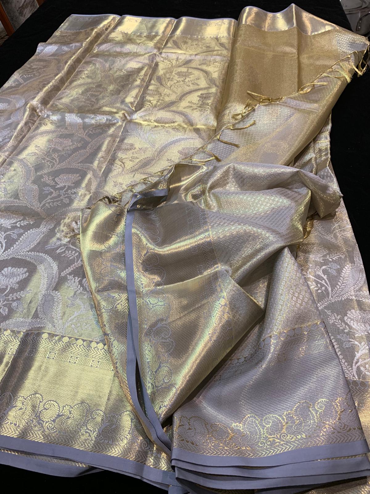 Light Grey Bridal Tissue Kanchipuram Saree | SPK015
