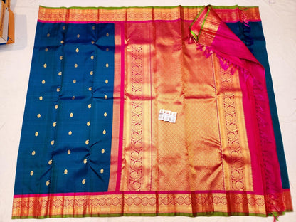 Korvai Handloom Kanchipuram Blue Saree with Pink Border | SPK019