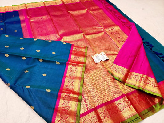 Korvai Handloom Kanchipuram Blue Saree with Pink Border | SPK019