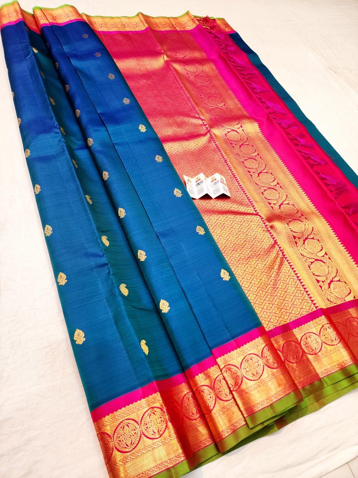 Korvai Handloom Kanchipuram Blue Saree with Pink Border | SPK019