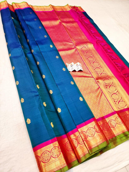 Korvai Handloom Kanchipuram Blue Saree with Pink Border | SPK019
