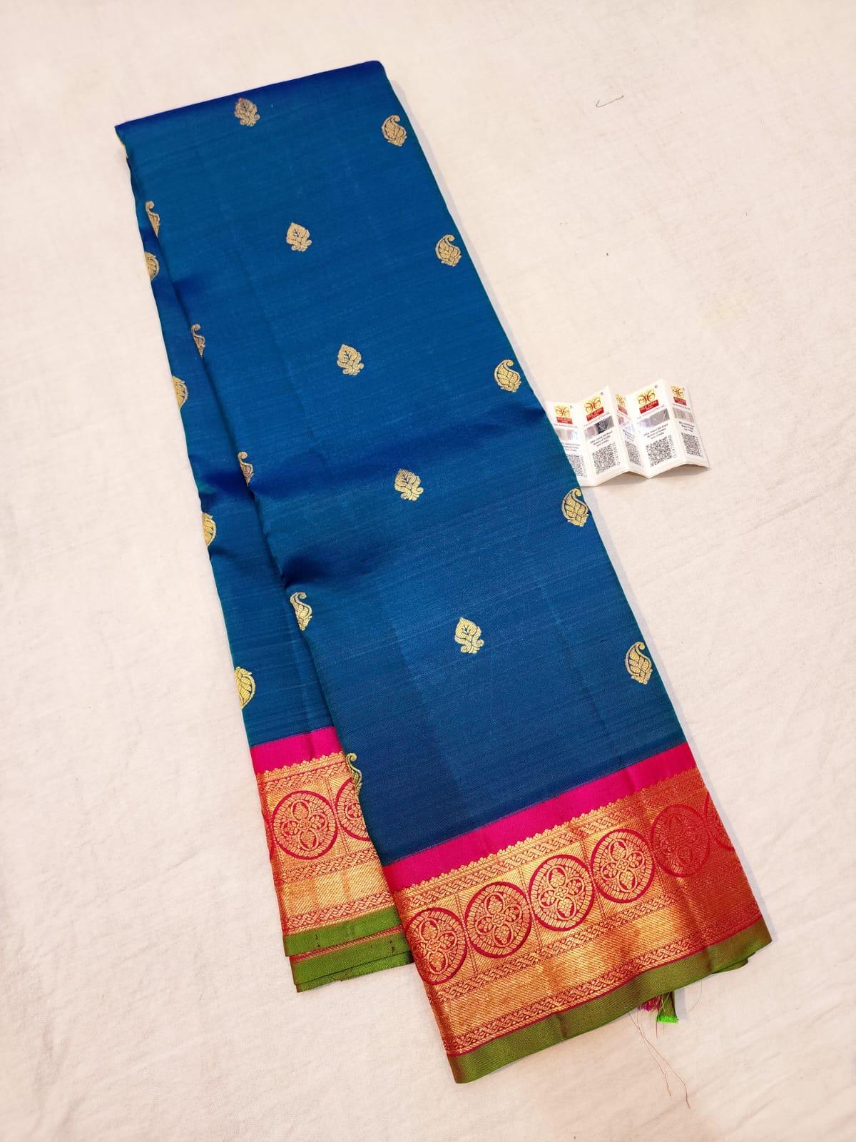 Korvai Handloom Kanchipuram Blue Saree with Pink Border | SPK019