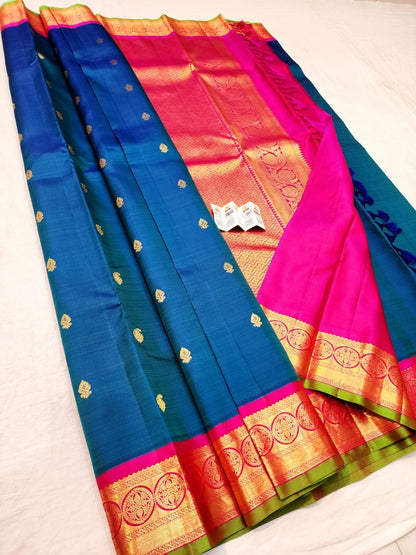 Korvai Handloom Kanchipuram Blue Saree with Pink Border | SPK019