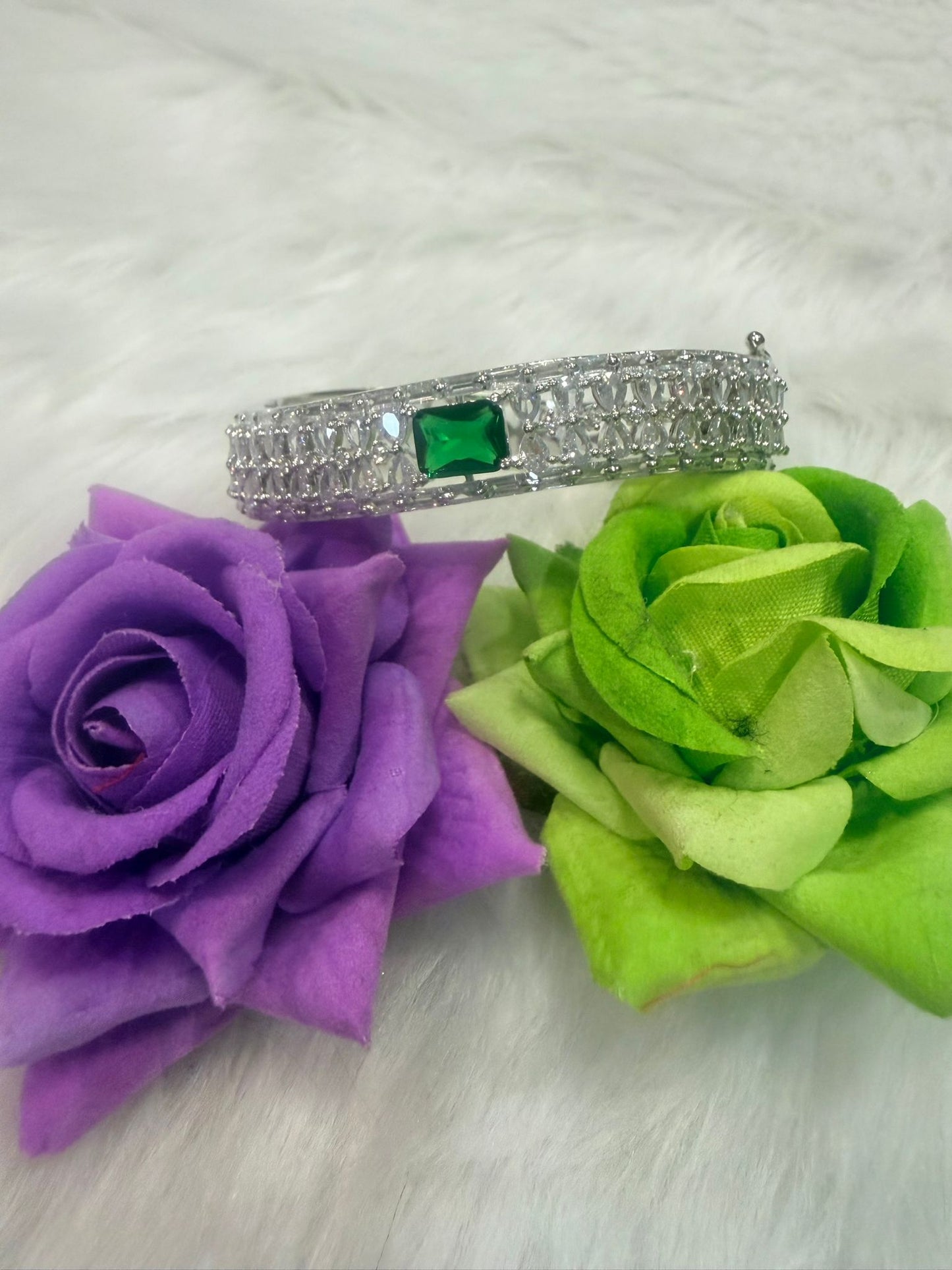Silver AD Cuff Bangle | Bracelet with Green Colour Stone | BB02