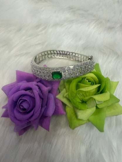 Silver AD Cuff Bangle | Bracelet with Green Colour Stone | BB02
