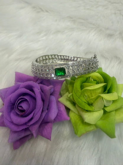 Silver AD Cuff Bangle | Bracelet with Green Colour Stone | BB02