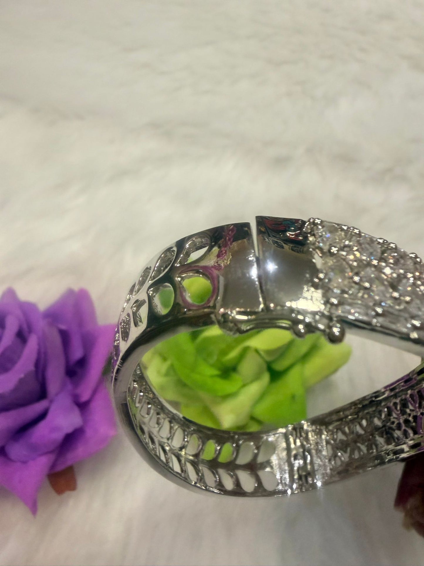 Silver AD Cuff Bangle | Bracelet with Green Colour Stone | BB02