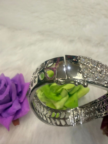 Silver AD Cuff Bangle | Bracelet with Green Colour Stone | BB02