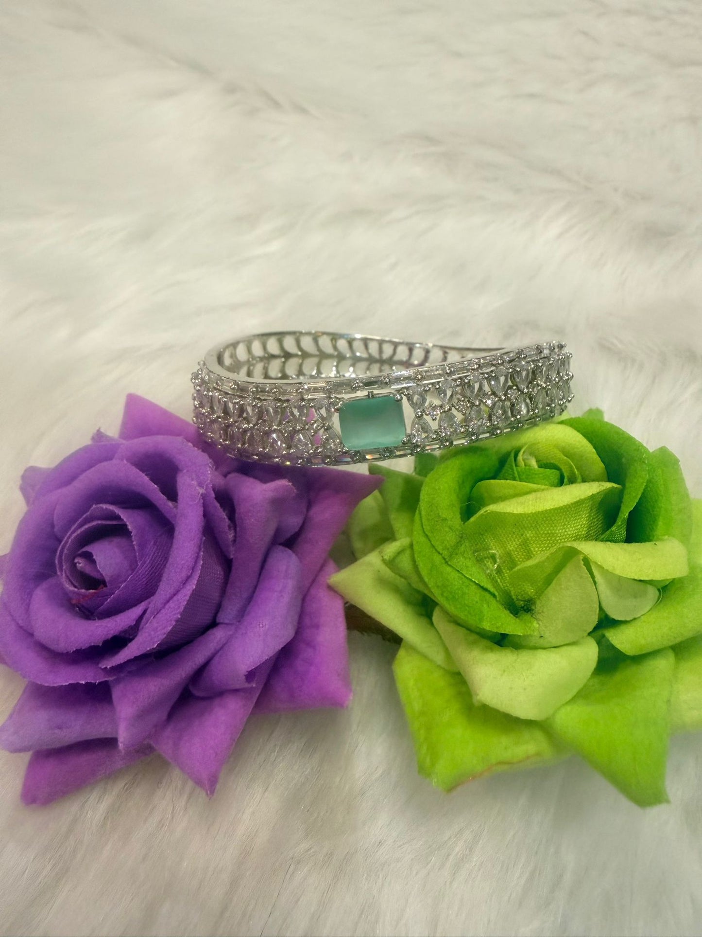 Silver AD Cuff Bangle | Bracelet with Mint Green Colour Stone | BB03