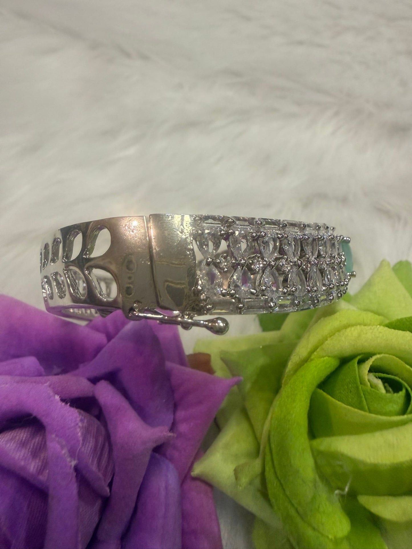 Silver AD Cuff Bangle | Bracelet with Mint Green Colour Stone | BB03