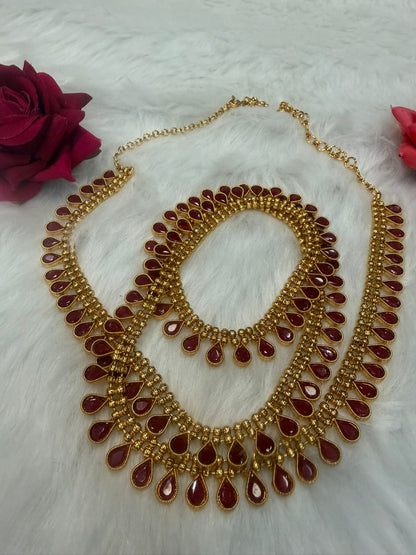 Brass Waist Chain | Kamarbandh with Ruby Pink Colour Stones | W1