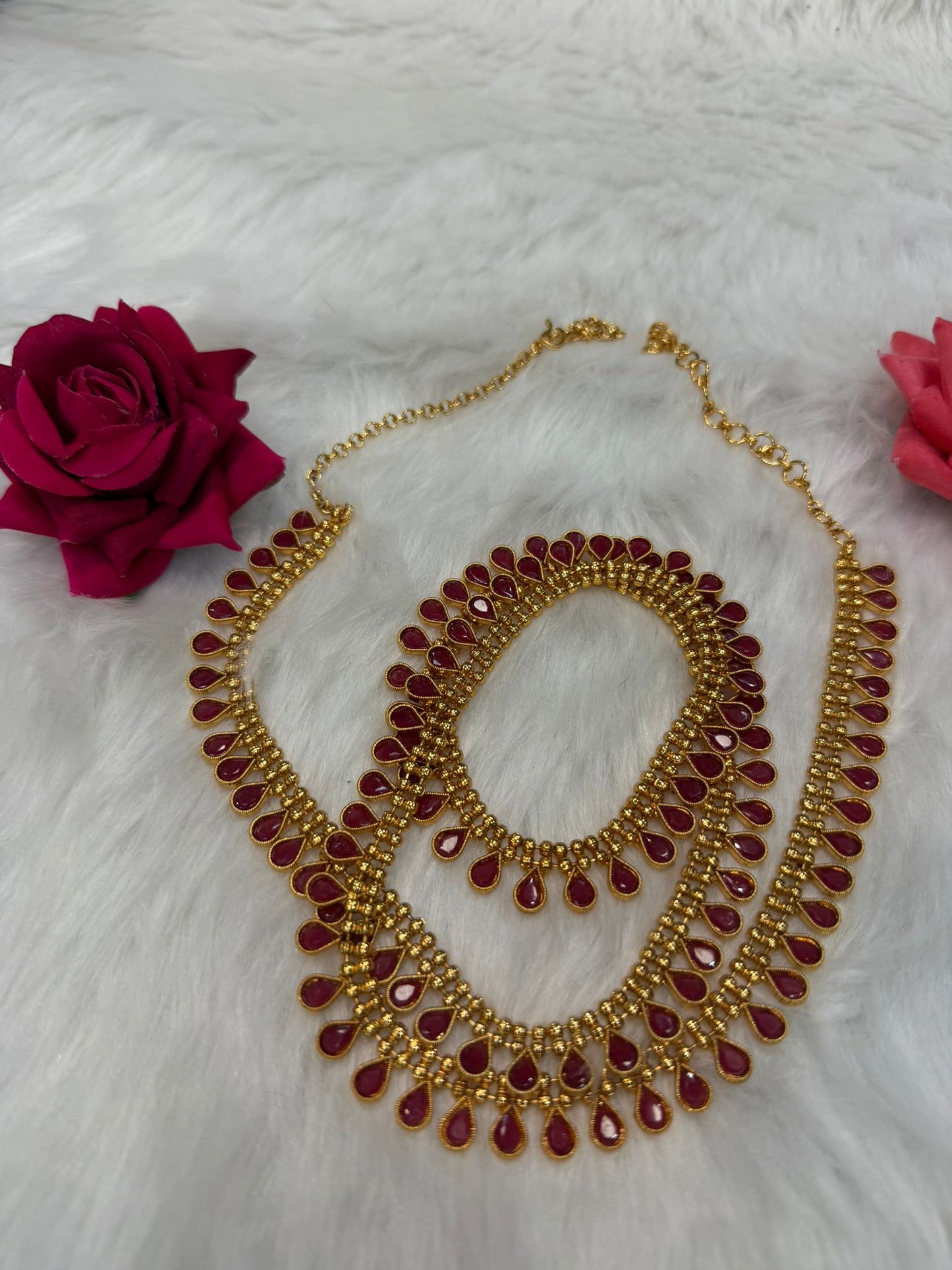 Brass Waist Chain | Kamarbandh with Ruby Pink Colour Stones | W1